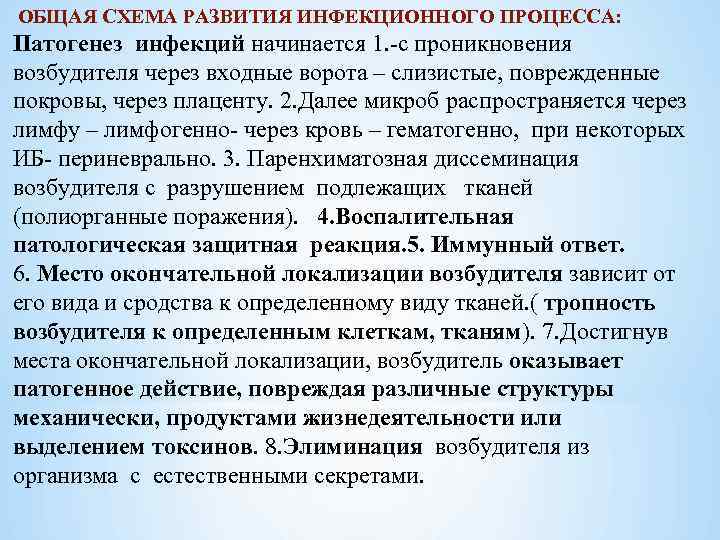  ОБЩАЯ СХЕМА РАЗВИТИЯ ИНФЕКЦИОННОГО ПРОЦЕССА: Патогенез инфекций начинается 1. с проникновения возбудителя через
