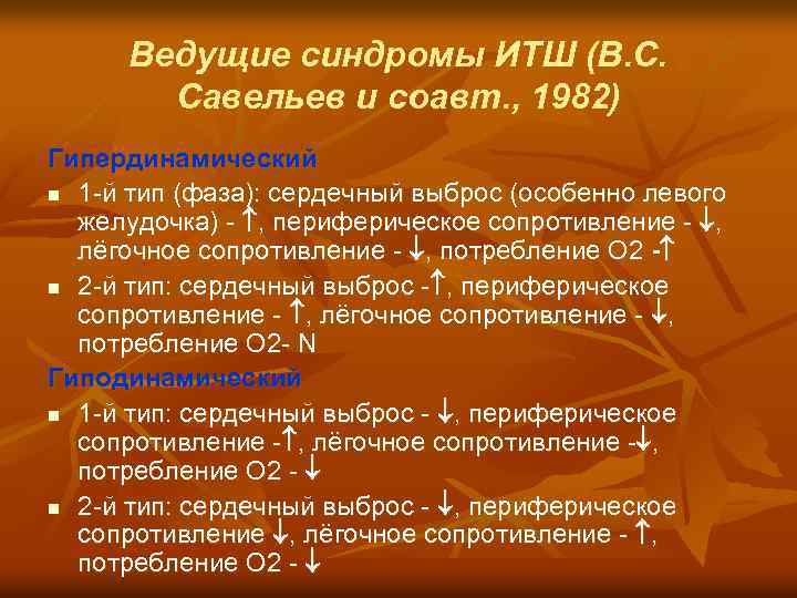 Ведущие синдромы ИТШ (В. С. Савельев и соавт. , 1982) Гипердинамический n 1 -й