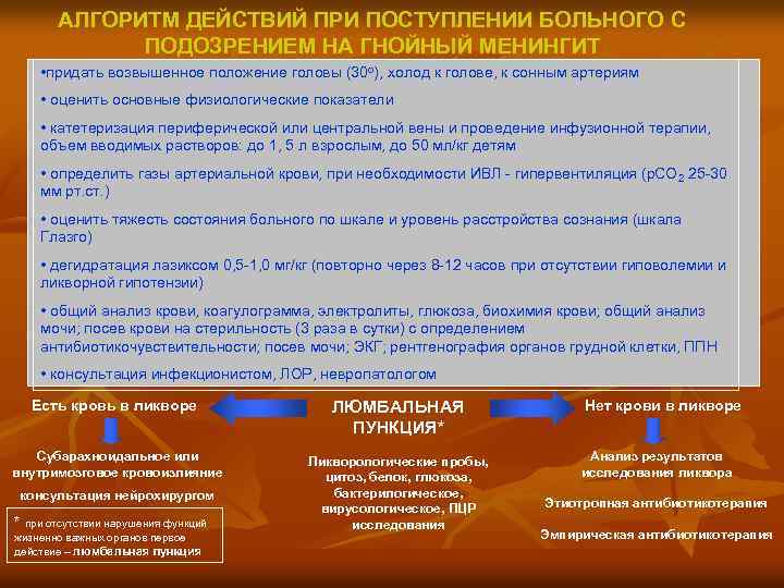 АЛГОРИТМ ДЕЙСТВИЙ ПРИ ПОСТУПЛЕНИИ БОЛЬНОГО С ПОДОЗРЕНИЕМ НА ГНОЙНЫЙ МЕНИНГИТ • придать возвышенное положение