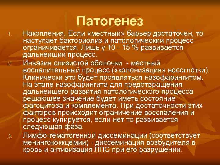 Патогенез 1. 2. 3. Накопления. Если «местный» барьер достаточен, то наступает бакториолиз и патологический