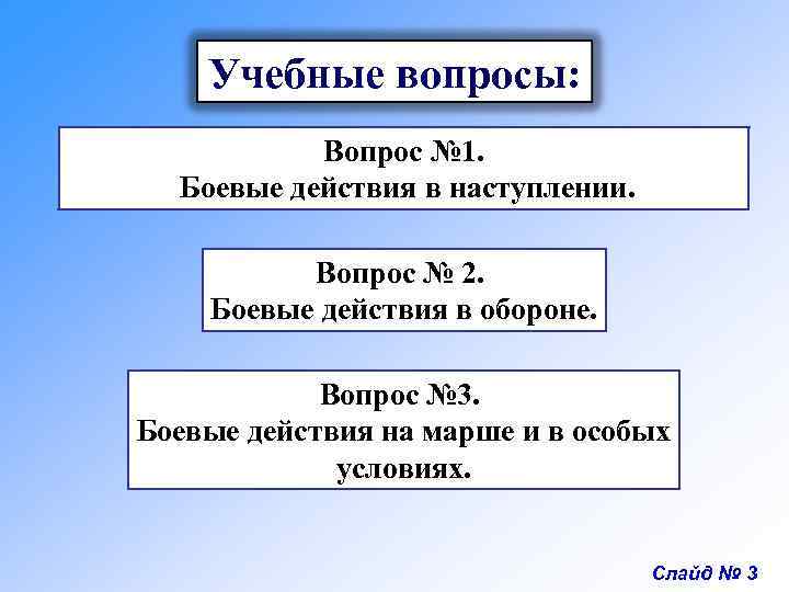 Учебные вопросы: Вопрос № 1. Боевые действия в наступлении. Вопрос № 2. Боевые действия