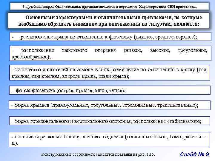 3 -й учебный вопрос. Отличительные признаки самолетов и вертолетов. Характеристики СВН противника. Основными характерными