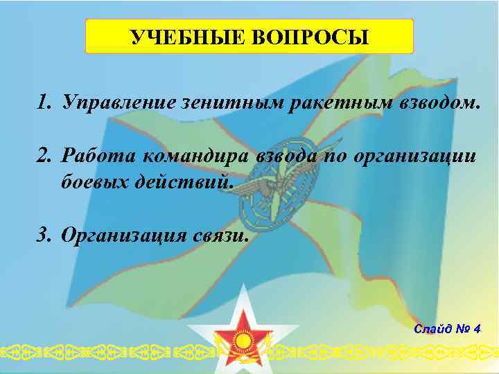 УЧЕБНЫЕ ВОПРОСЫ 1. Управление зенитным ракетным взводом. 2. Работа командира взвода по организации боевых