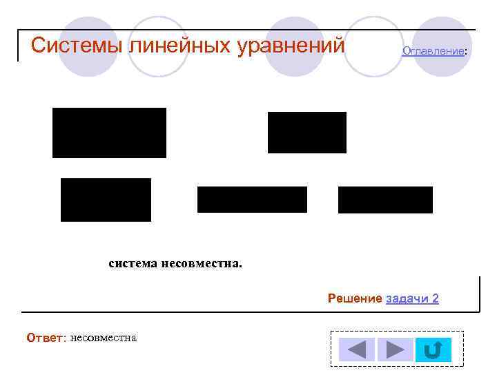 Системы линейных уравнений Оглавление: система несовместна. Решение задачи 2 Ответ: несовместна 