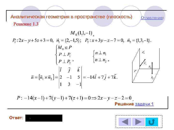 Аналитическая геометрия в пространстве (плоскость) Оглавление: Решение задачи 1 Ответ: 
