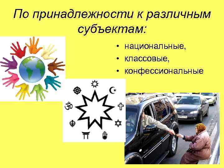 По принадлежности к различным субъектам: • национальные, • классовые, • конфессиональные 