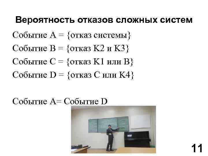 Вероятность отказов сложных систем Событие A = {отказ системы} Событие В = {отказ K