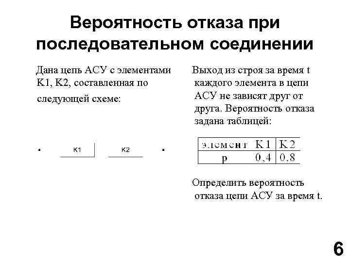 Вероятность отказа при последовательном соединении Дана цепь АСУ с элементами K 1, K 2,