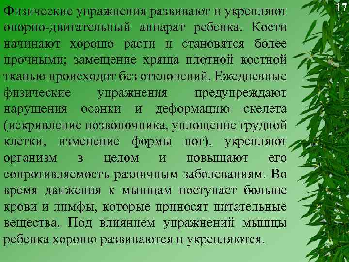 Физические упражнения развивают и укрепляют опорно-двигательный аппарат ребенка. Кости начинают хорошо расти и становятся