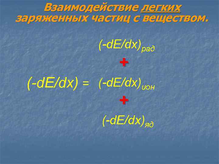 Взаимодействие легких заряженных частиц с веществом. (-d. E/dx)рад + (-d. E/dx) = (-d. E/dx)ион