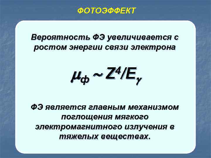 ФОТОЭФФЕКТ Фотоэлектрон Вероятность ФЭ увеличивается с ростом энергии связи электрона ф 4/ E Z