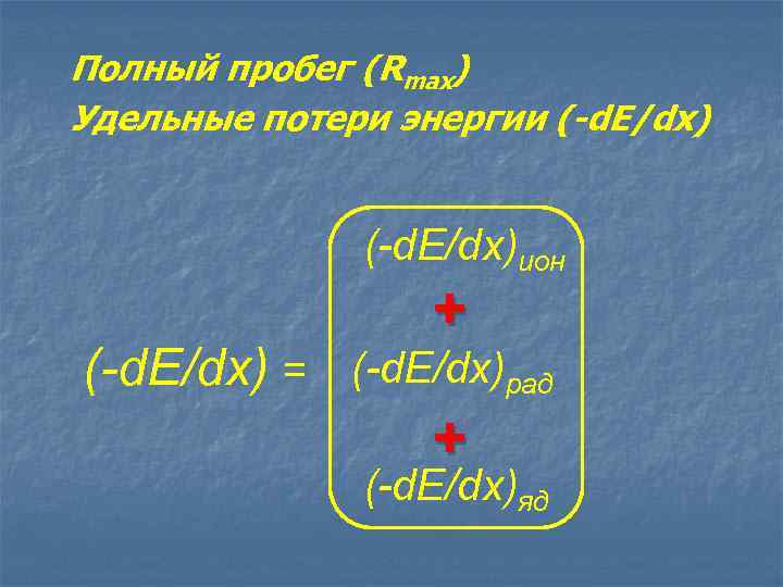 Полный пробег (Rmax) Удельные потери энергии (-d. E/dx)ион + (-d. E/dx) = (-d. E/dx)рад