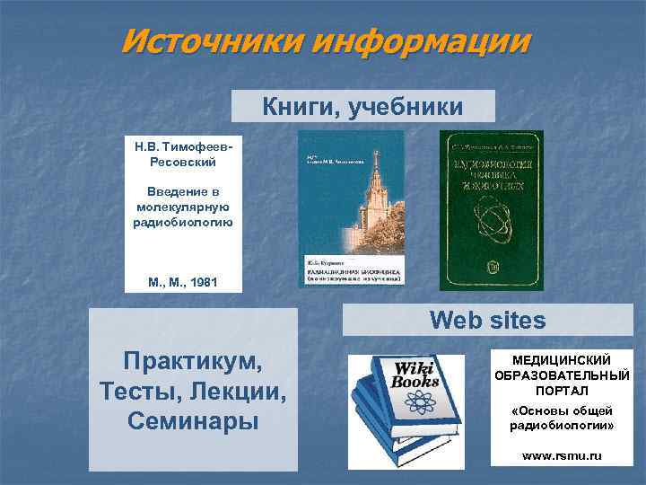 Источники информации Книги, учебники Н. В. Тимофеев. Ресовский Введение в молекулярную радиобиологию М. ,