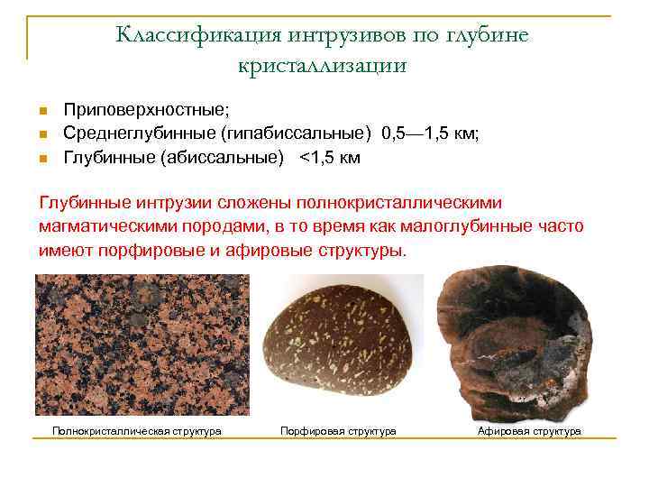 Классификация интрузивов по глубине кристаллизации n n n Приповерхностные; Среднеглубинные (гипабиссальные) 0, 5— 1,