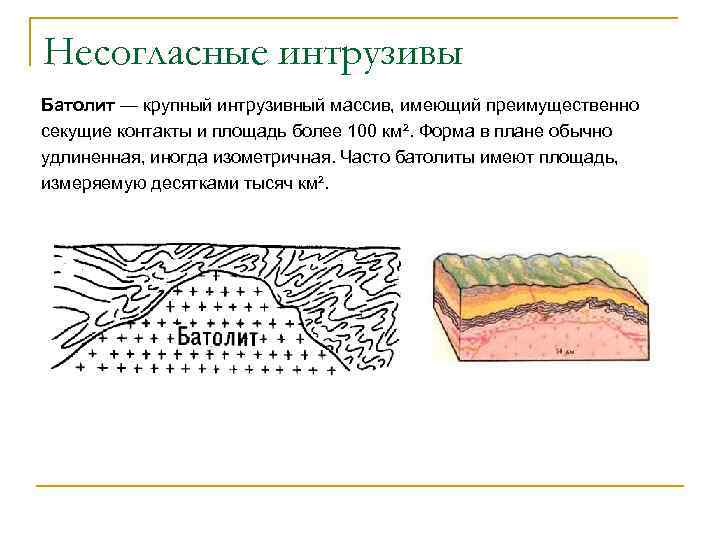 Несогласные интрузивы Батолит — крупный интрузивный массив, имеющий преимущественно секущие контакты и площадь более