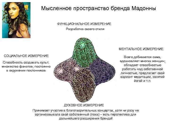 Мысленное пространство бренда Мадонны ФУНКЦИОНАЛЬНОЕ ИЗМЕРЕНИЕ Разработка своего стиля МЕНТАЛЬНОЕ ИЗМЕРЕНИЕ СОЦИАЛЬНОЕ ИЗМЕРЕНИЕ Всего