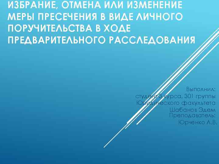 ИЗБРАНИЕ, ОТМЕНА ИЛИ ИЗМЕНЕНИЕ МЕРЫ ПРЕСЕЧЕНИЯ В ВИДЕ ЛИЧНОГО ПОРУЧИТЕЛЬСТВА В ХОДЕ ПРЕДВАРИТЕЛЬНОГО РАССЛЕДОВАНИЯ