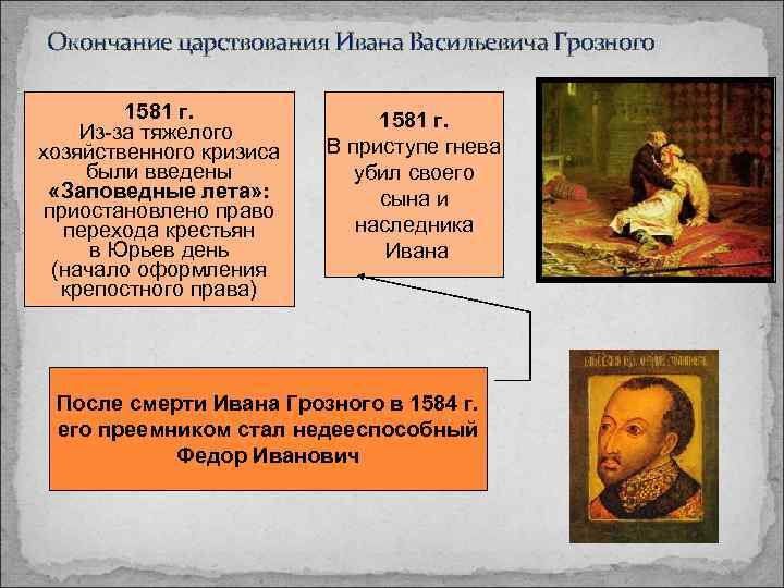 Окончание царствования Ивана Васильевича Грозного 1581 г. Из-за тяжелого хозяйственного кризиса были введены «Заповедные