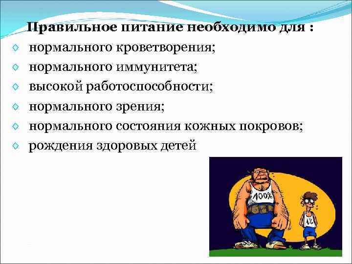  Правильное питание необходимо для : ◊ нормального кроветворения; ◊ нормального иммунитета; ◊ высокой