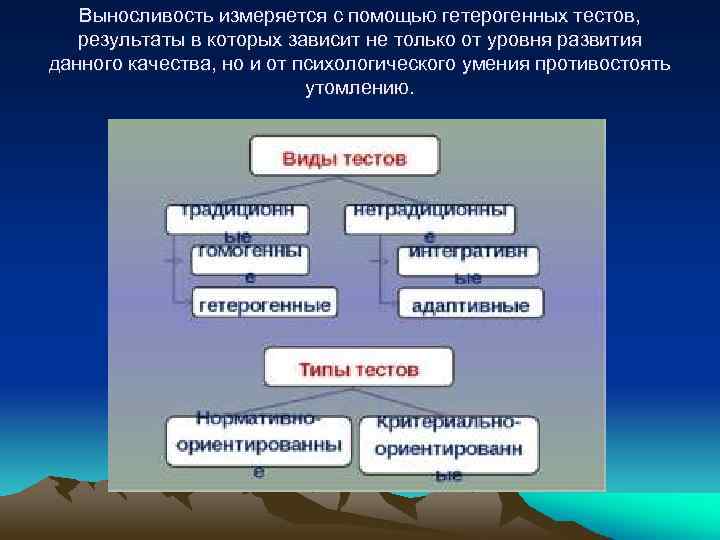 Выносливость измеряется с помощью гетерогенных тестов, результаты в которых зависит не только от уровня