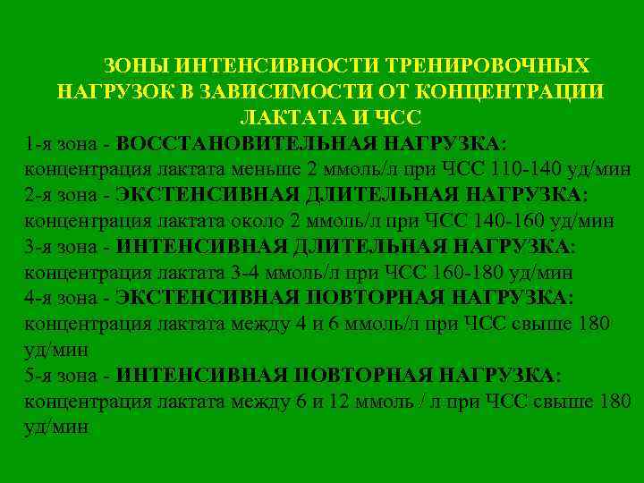  ЗОНЫ ИНТЕНСИВНОСТИ ТРЕНИРОВОЧНЫХ НАГРУЗОК В ЗАВИСИМОСТИ ОТ КОНЦЕНТРАЦИИ ЛАКТАТА И ЧСС 1 -я