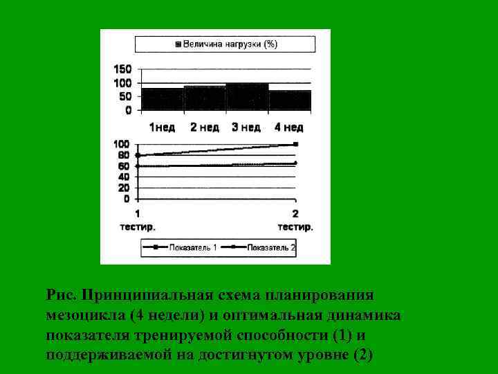 Рис. Принципиальная схема планирования мезоцикла (4 недели) и оптимальная динамика показателя тренируемой способности (1)