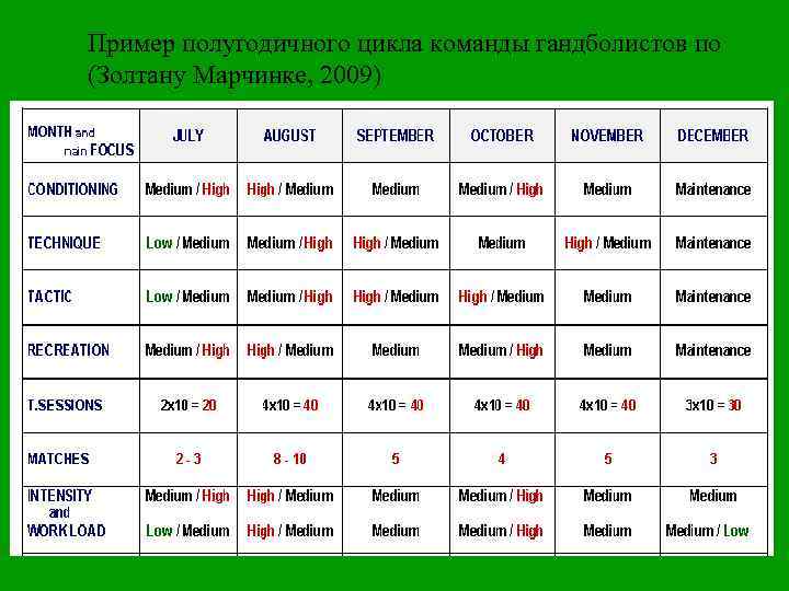 Пример полугодичного цикла команды гандболистов по (Золтану Марчинке, 2009) 