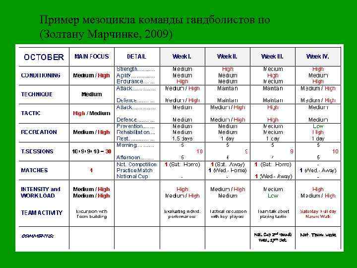 Пример мезоцикла команды гандболистов по (Золтану Марчинке, 2009) 