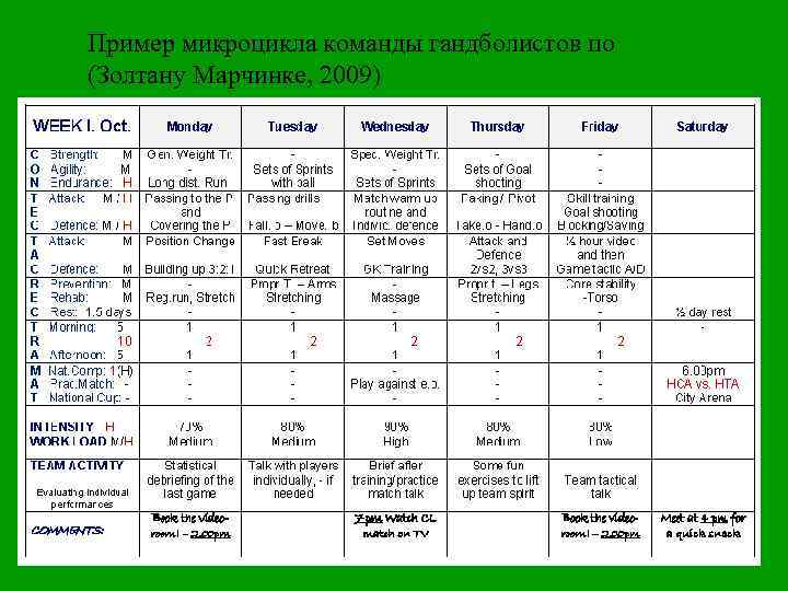 Пример микроцикла команды гандболистов по (Золтану Марчинке, 2009) 