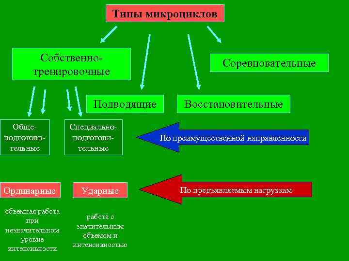 Типы микроциклов Собственнотренировочные Соревновательные Подводящие Общеподготовительные Ординарные объемная работа при незначительном уровне интенсивности Специальноподготовительные