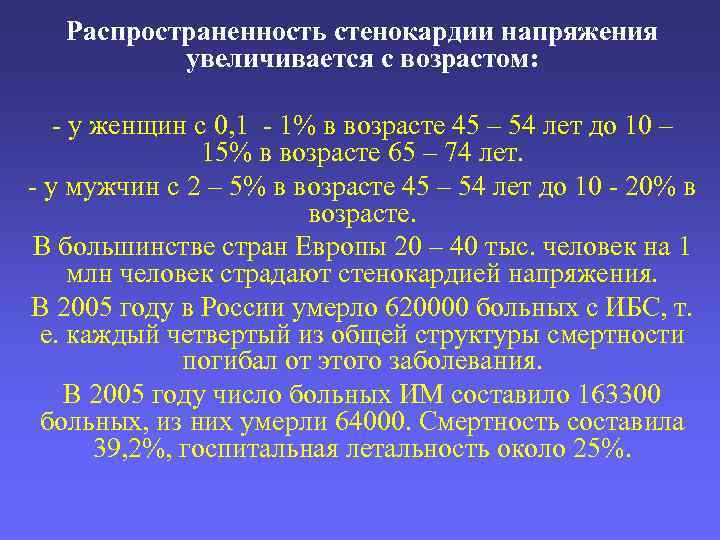Распространенность стенокардии напряжения увеличивается с возрастом: - у женщин с 0, 1 - 1%