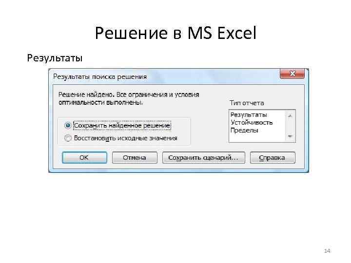 Решение в MS Excel Результаты 14 