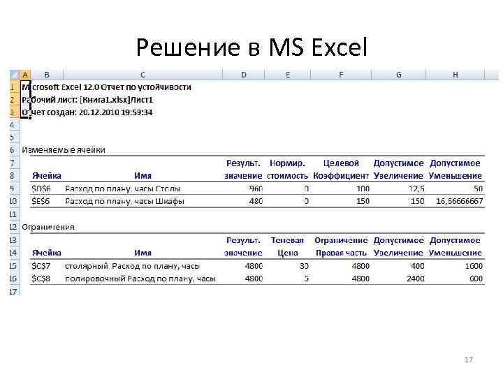 Решение в MS Excel 17 