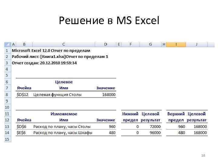 Решение в MS Excel 18 