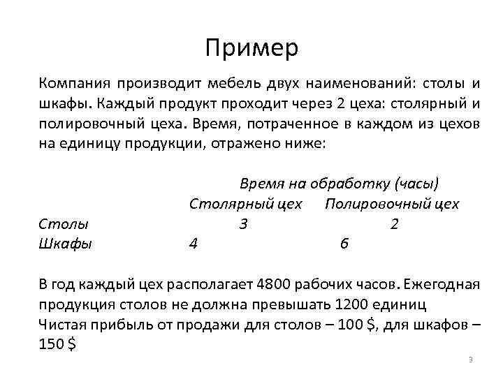 Пример Компания производит мебель двух наименований: столы и шкафы. Каждый продукт проходит через 2