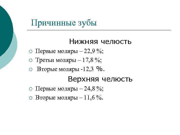 Причинные зубы Нижняя челюсть ¡ ¡ ¡ Первые моляры – 22, 9 %; Третьи