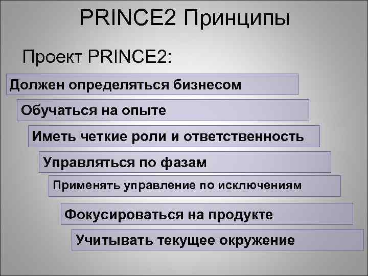 PRINCE 2 Принципы Проект PRINCE 2: Должен определяться бизнесом Обучаться на опыте Иметь четкие