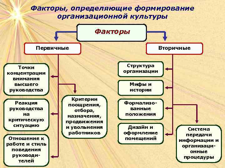 Факторы, определяющие формирование организационной культуры Факторы Первичные Структура организации Точки концентрации внимания высшего руководства