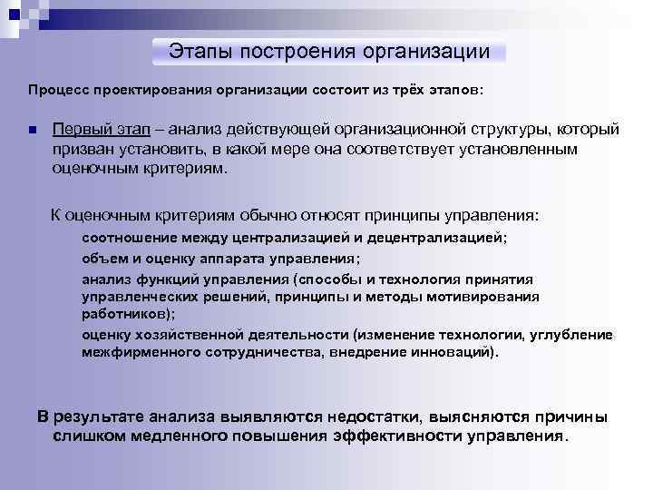 Этапы построения организации Процесс проектирования организации состоит из трёх этапов: n Первый этап –