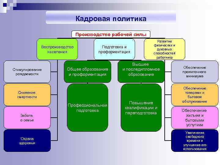 Кадровая политика Производство рабочей силы Воспроизводство населения Стимулирование рождаемости Подготовка и профориентация Общее образование