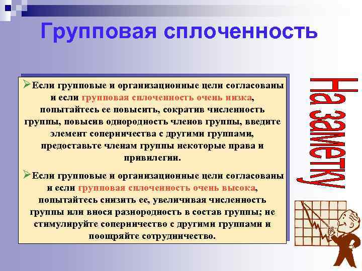 Групповая сплоченность ØЕсли групповые и организационные цели согласованы и если групповая сплоченность очень низка,