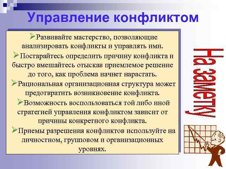 Управление конфликтом ØРазвивайте мастерство, позволяющие анализировать конфликты и управлять ими. ØПостарайтесь определить причину конфликта
