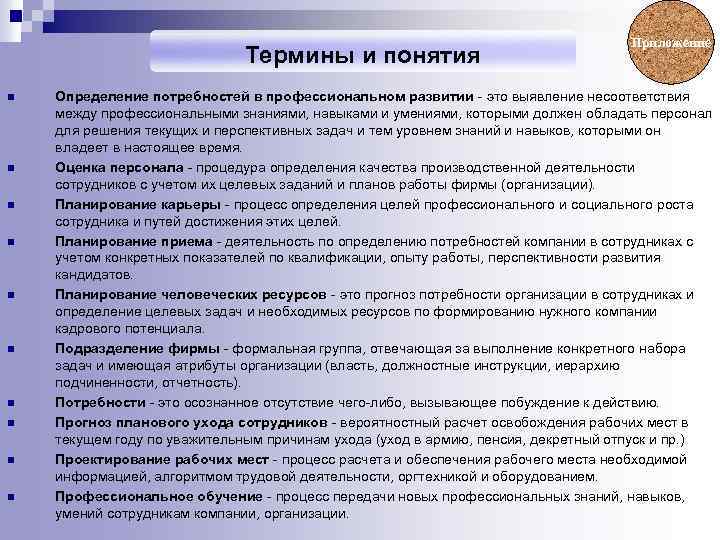 Термины и понятия n n n n n Приложение Определение потребностей в профессиональном развитии
