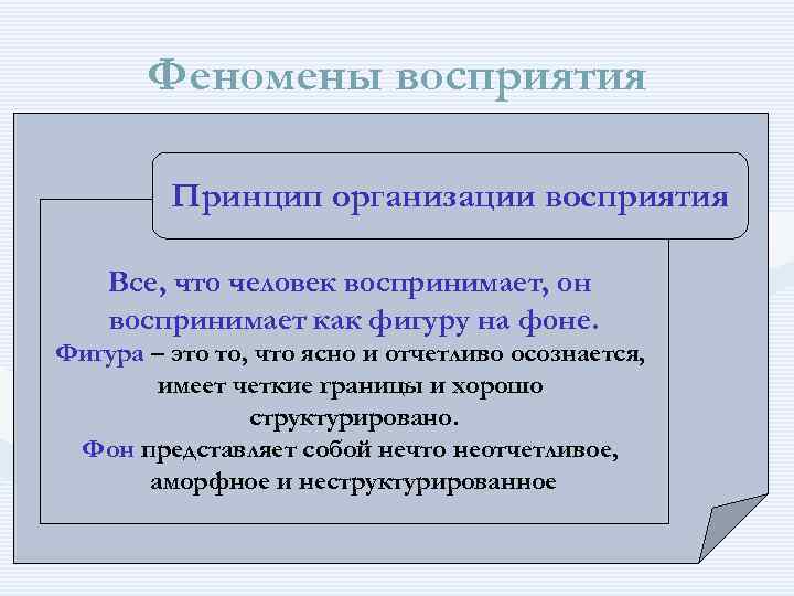 Феномены восприятия Принцип организации восприятия Все, что человек воспринимает, он воспринимает как фигуру на