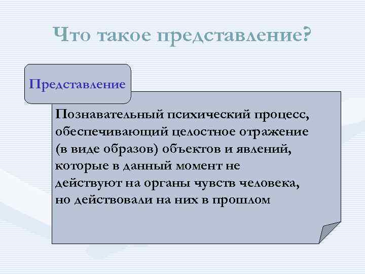 Что такое представление? Представление Познавательный психический процесс, обеспечивающий целостное отражение (в виде образов) объектов
