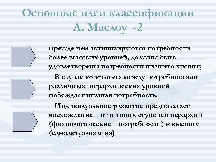 Основные идеи классификации А. Маслоу -2 – Прежде чем активизируются потребности более высоких уровней,