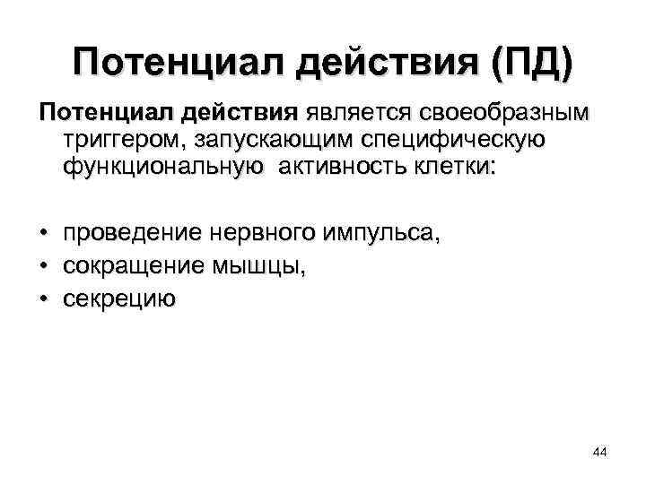 Потенциал действия (ПД) Потенциал действия является своеобразным триггером, запускающим специфическую функциональную активность клетки: •