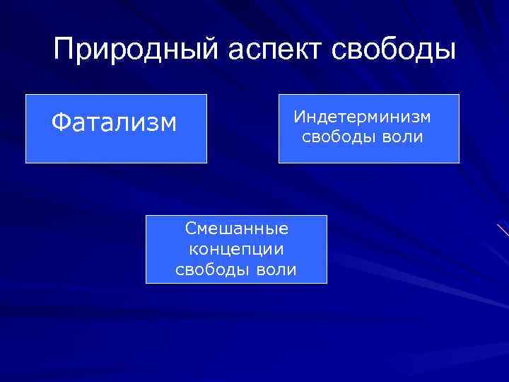 Природный аспект свободы Фатализм Индетерминизм свободы воли Смешанные концепции свободы воли 
