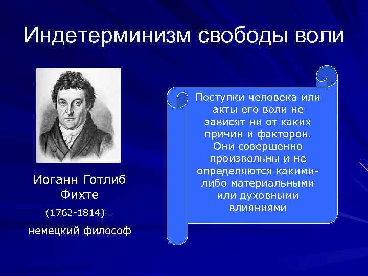 Индетерминизм свободы воли Иоганн Готлиб Фихте (1762 -1814) – немецкий философ Поступки человека или