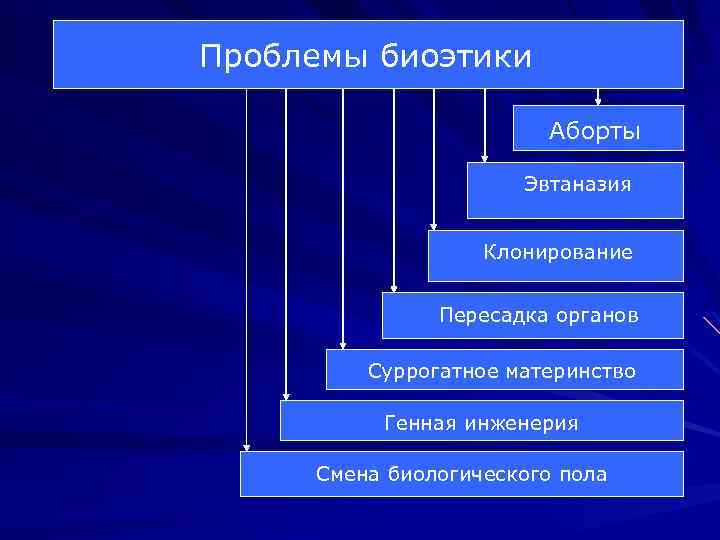 Проблемы биоэтики Аборты Эвтаназия Клонирование Пересадка органов Суррогатное материнство Генная инженерия Смена биологического пола